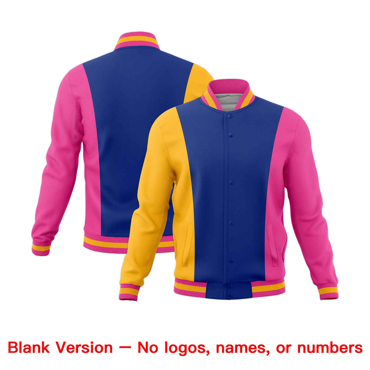 Custom Yellow Royal Blue Pink Personalization Varsity Full-Snap Three Color Blocks Letterman Jacket