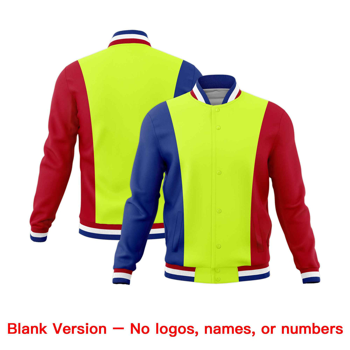 Custom Fluorescent Green Royal Blue Red Personalization Varsity Full-Snap Three Color Blocks Letterman Jacket
