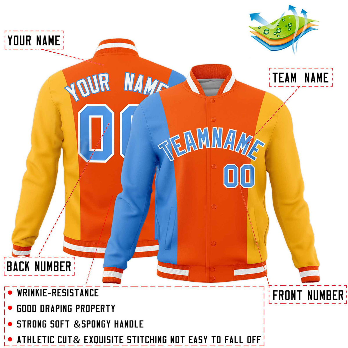 Custom Powder Blue Orange Yellow Personalization Varsity Full-Snap Three Color Blocks Letterman Jacket