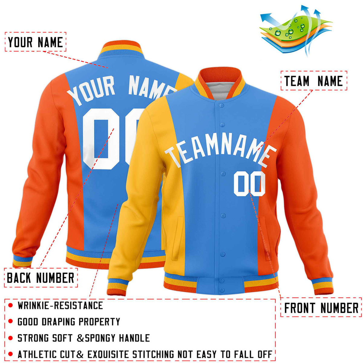 Custom Powder Blue Yellow Orange Personalization Varsity Full-Snap Three Color Blocks Letterman Jacket