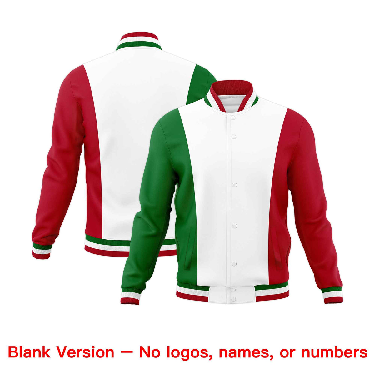 Custom White Kelly Green Red Personalization Varsity Full-Snap Three Color Blocks Letterman Jacket| KXKSHOP