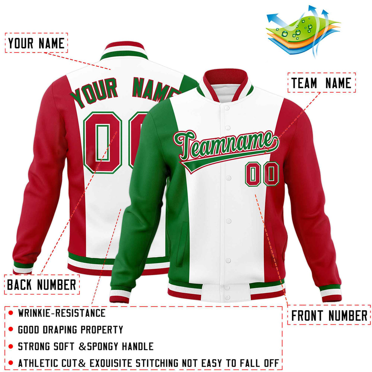 Custom White Kelly Green Red Personalization Varsity Full-Snap Three Color Blocks Letterman Jacket| KXKSHOP