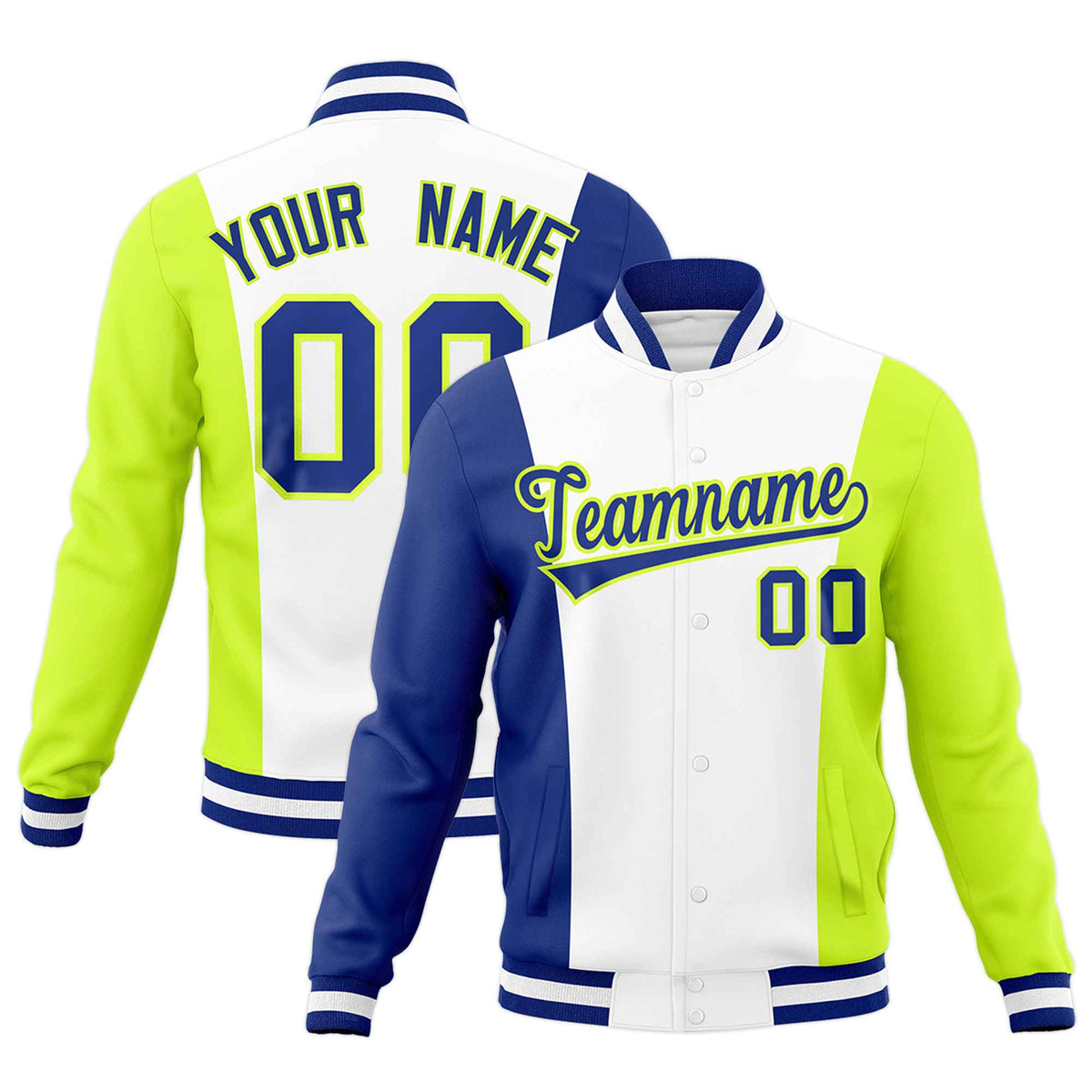 Custom White Royal Blue Fluorescent Green Personalization Varsity Full-Snap Three Color Blocks Letterman Jacket| KXKSHOP