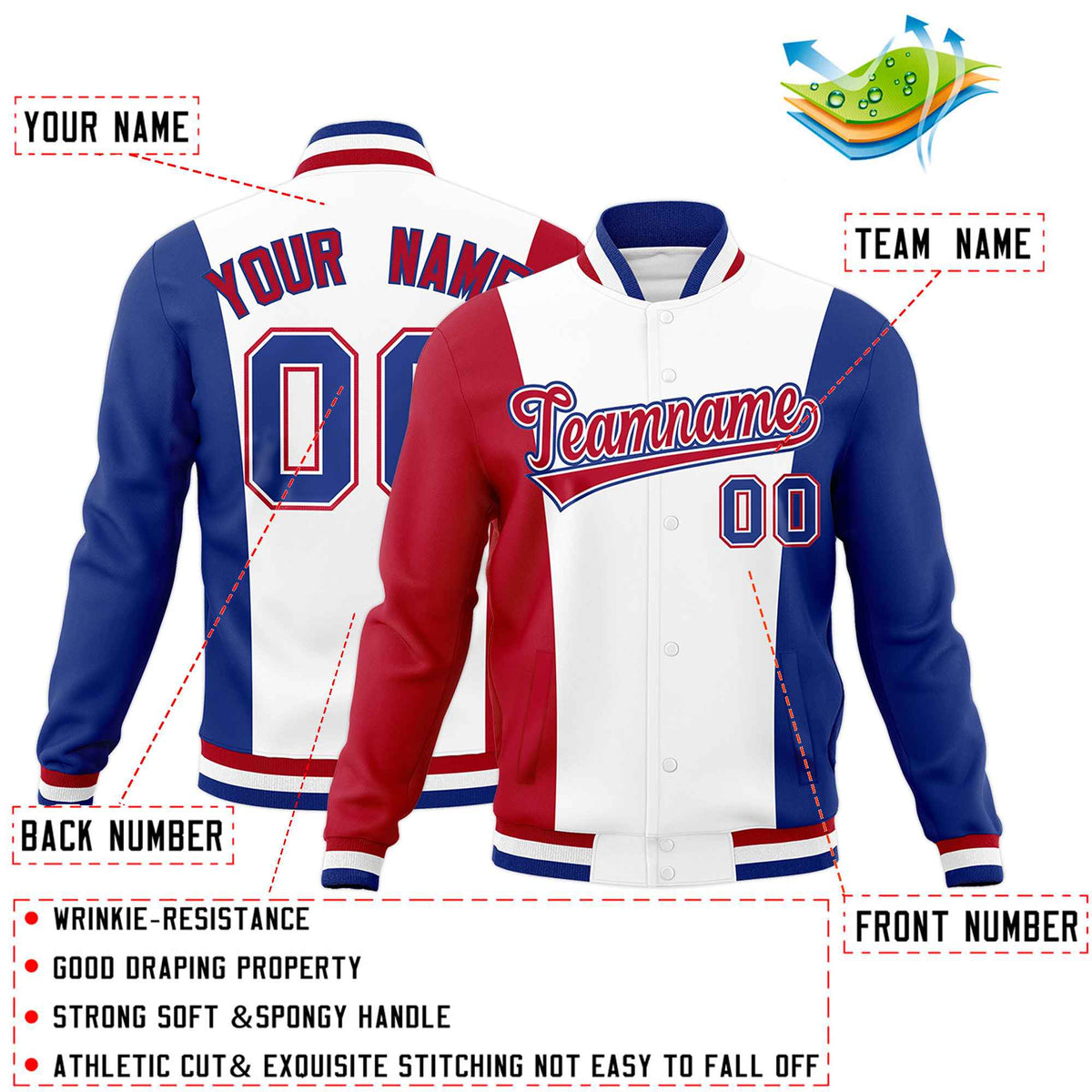Custom White Red Royal Blue Personalization Varsity Full-Snap Three Color Blocks Letterman Jacket| KXKSHOP
