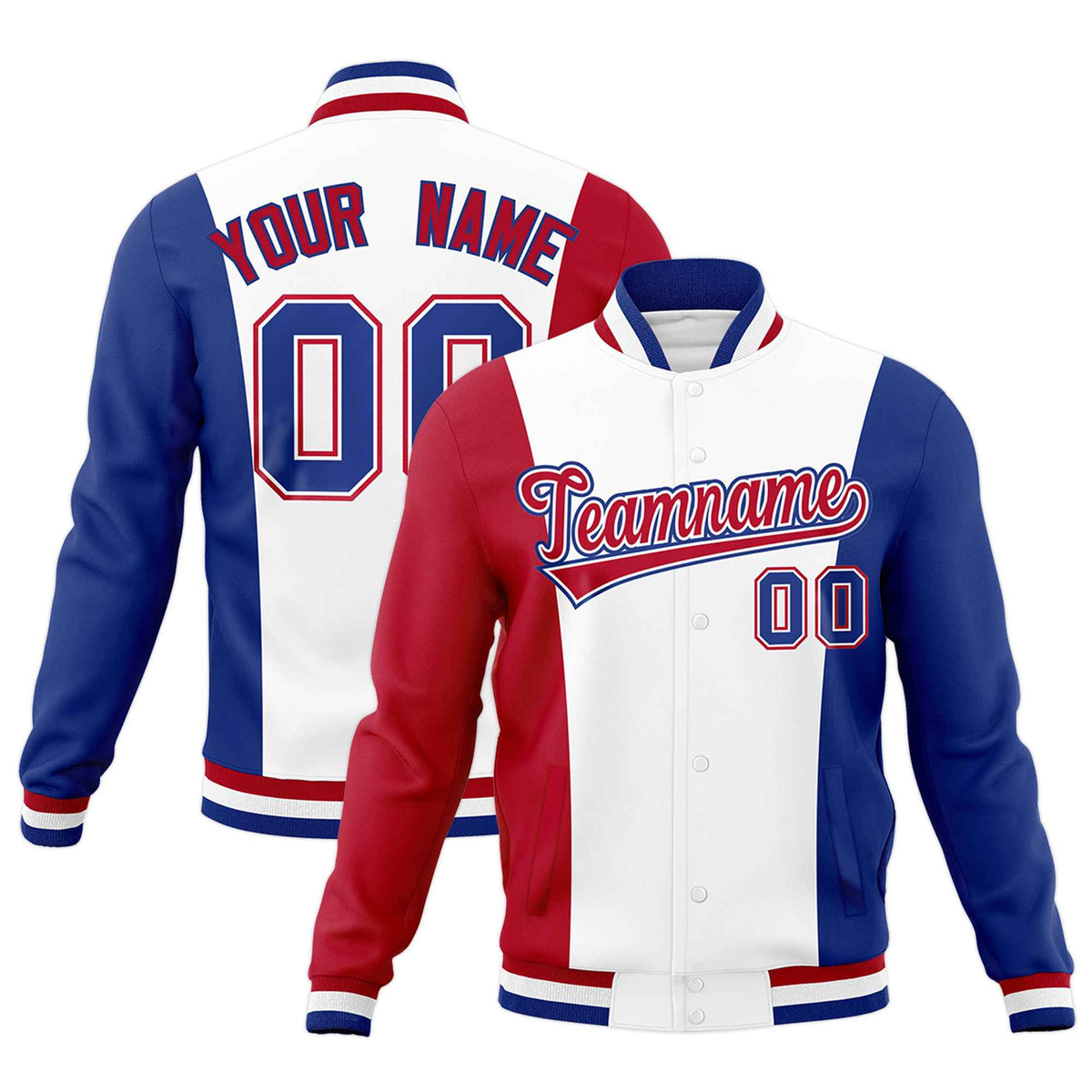 Custom White Red Royal Blue Personalization Varsity Full-Snap Three Color Blocks Letterman Jacket| KXKSHOP