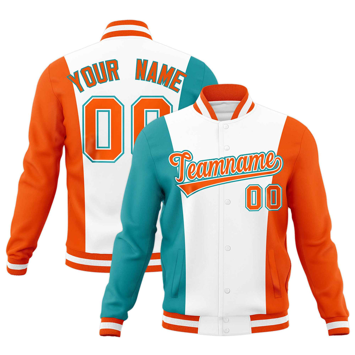 Custom White Aqua Orange Personalization Varsity Full-Snap Three Color Blocks Letterman Jacket| KXKSHOP