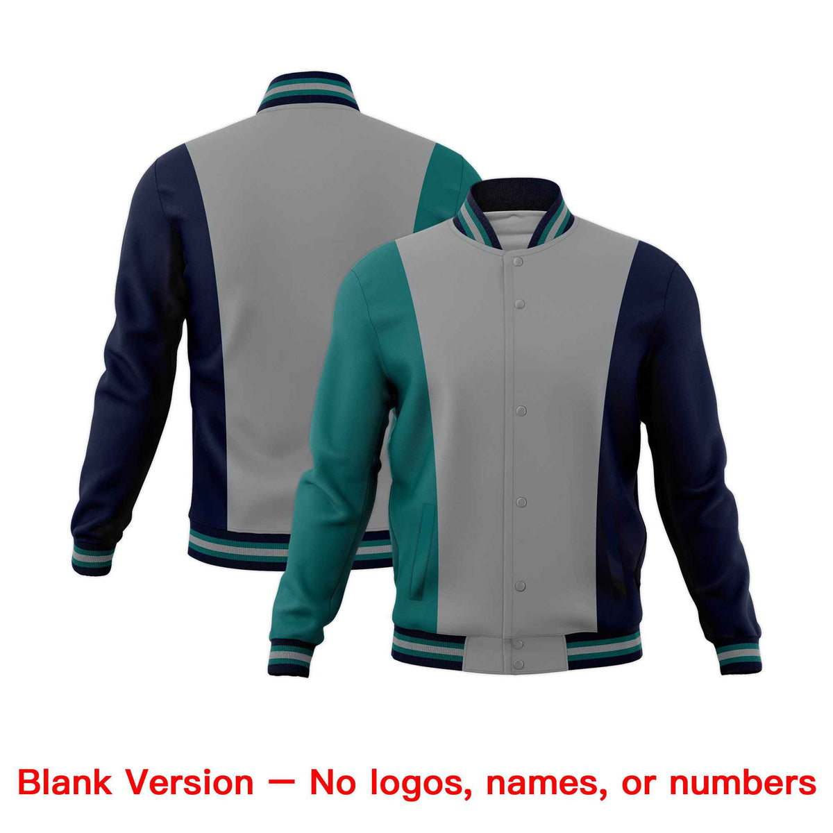 Custom Gray Teal Navy Personalization Varsity Full-Snap Three Color Blocks Letterman Jacket| KXKSHOP