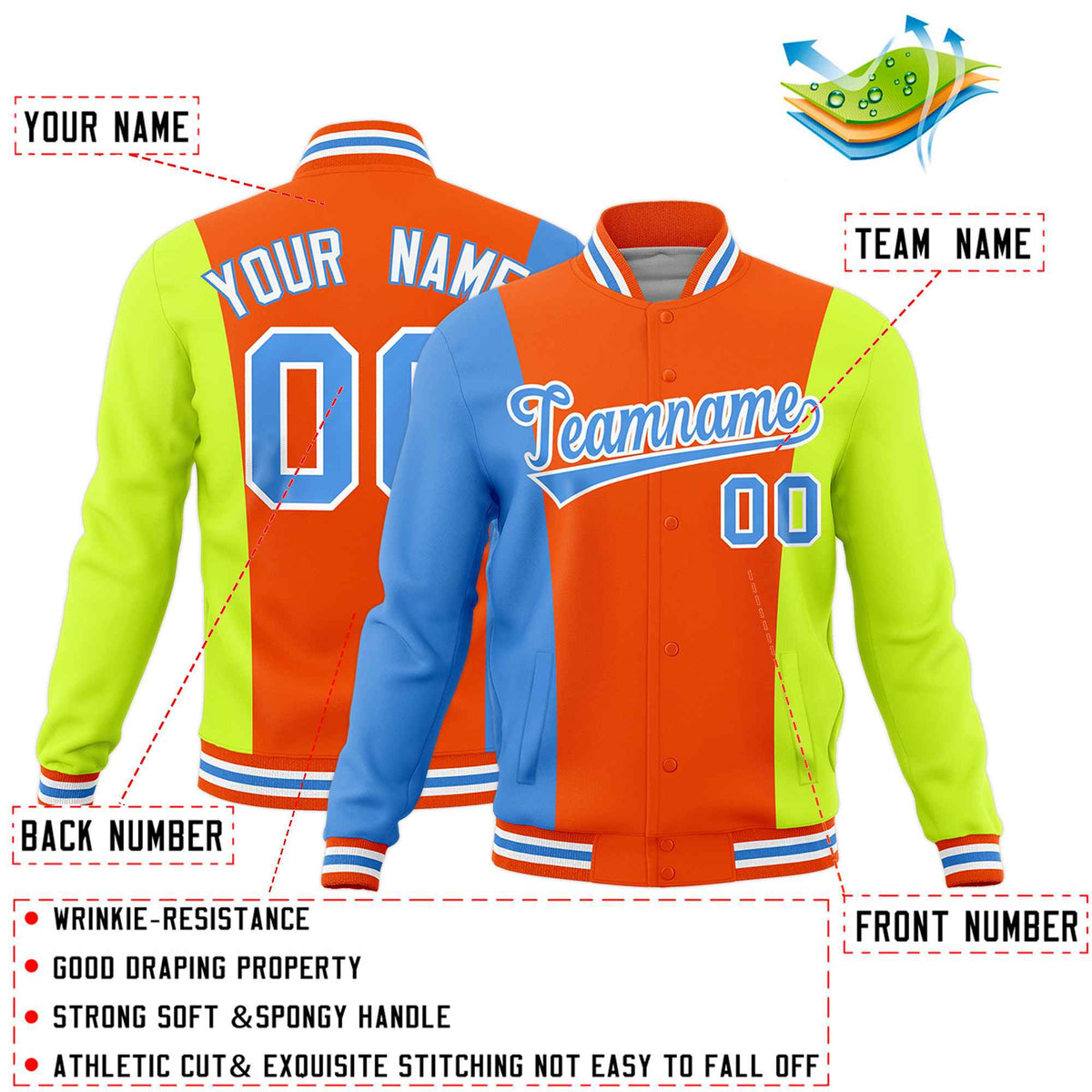 Custom Orange Powder Blue Fluorescent Green Personalization Varsity Full-Snap Three Color Blocks Letterman Jacket| KXKSHOP