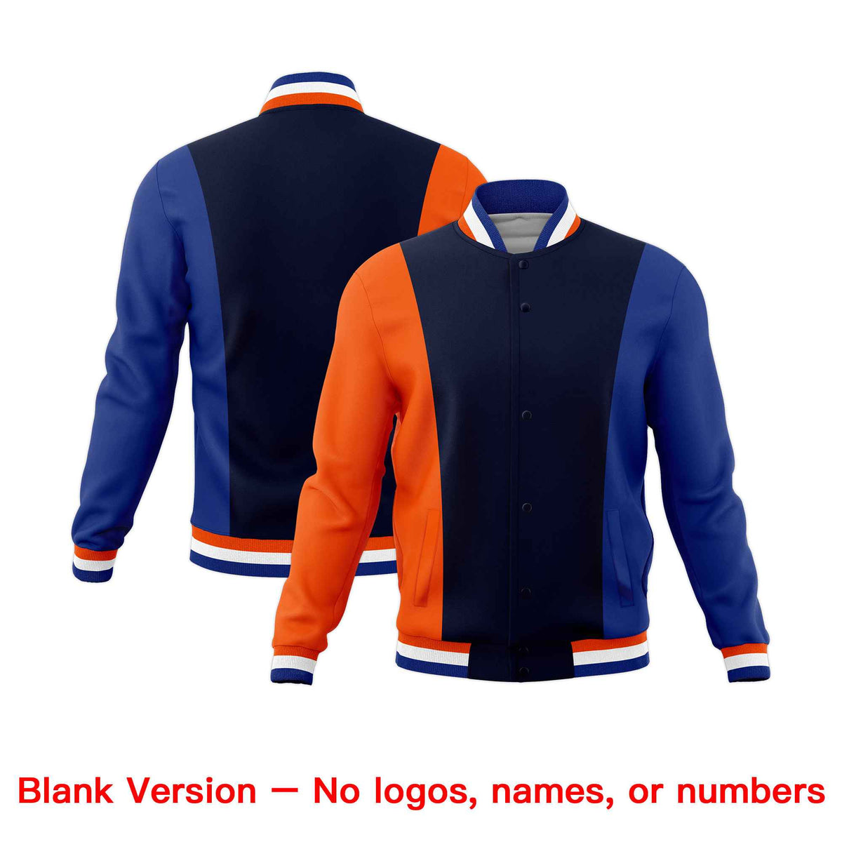 Custom Navy Orange Royal Blue Personalization Varsity Full-Snap Three Color Blocks Letterman Jacket| KXKSHOP