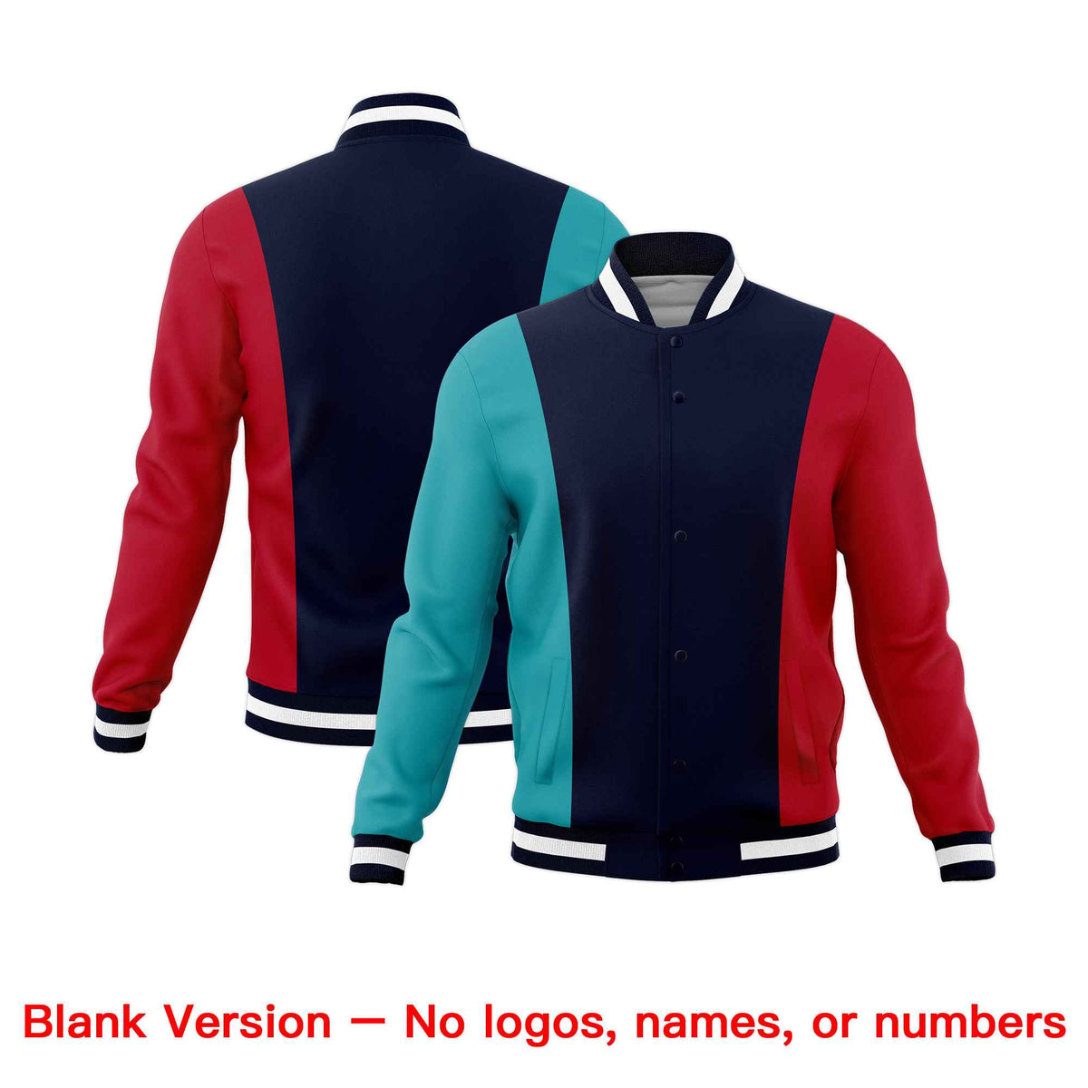 Custom Navy Aqua Red Personalization Varsity Full-Snap Three Color Blocks Letterman Jacket| KXKSHOP