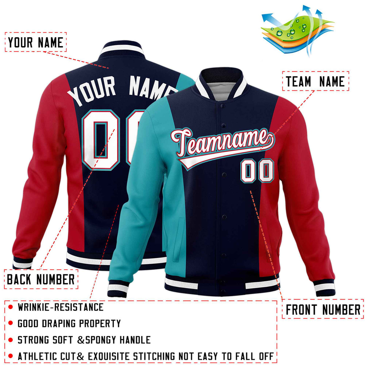Custom Navy Aqua Red Personalization Varsity Full-Snap Three Color Blocks Letterman Jacket| KXKSHOP