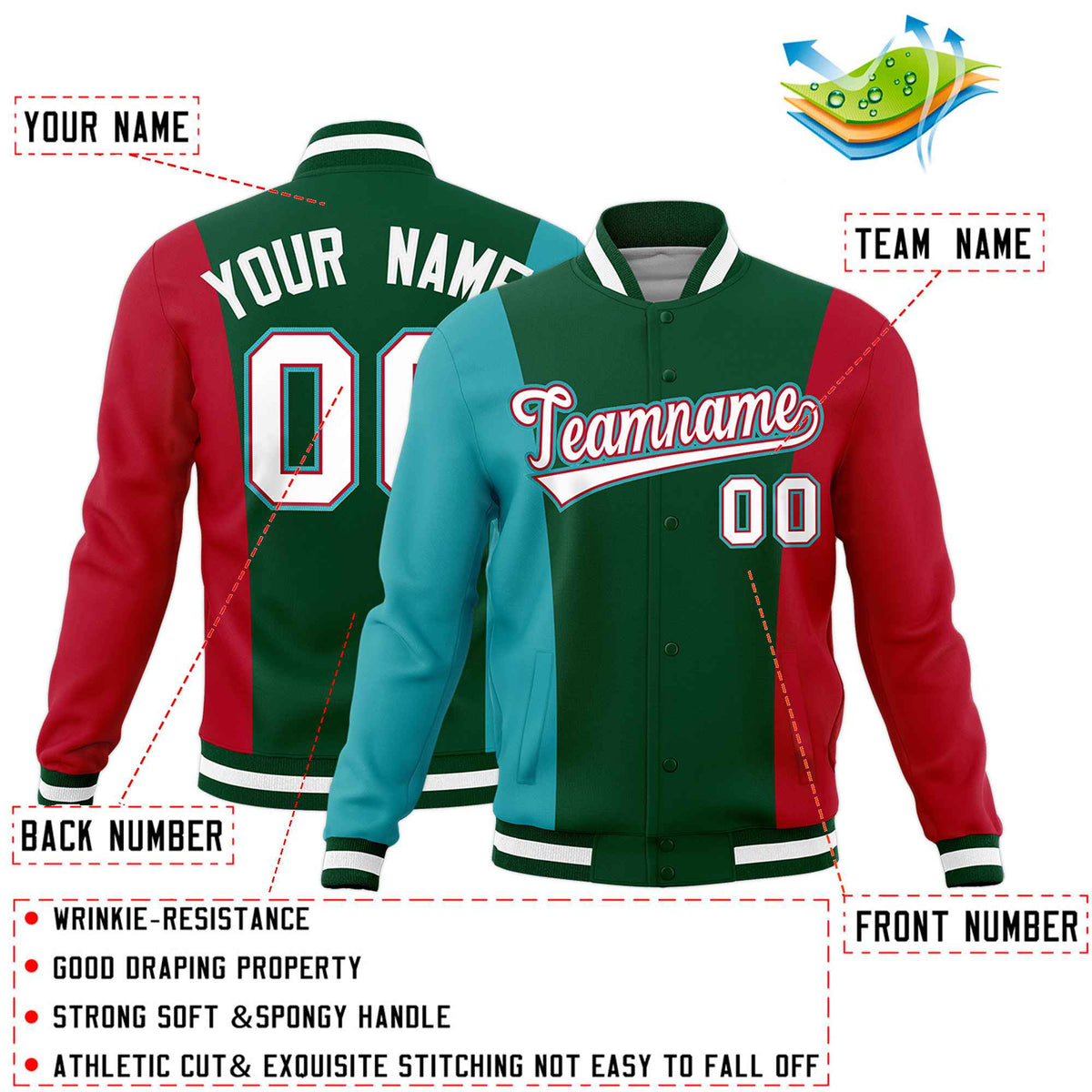 Custom Green Aqua Red Personalization Varsity Full-Snap Three Color Blocks Letterman Jacket| KXKSHOP