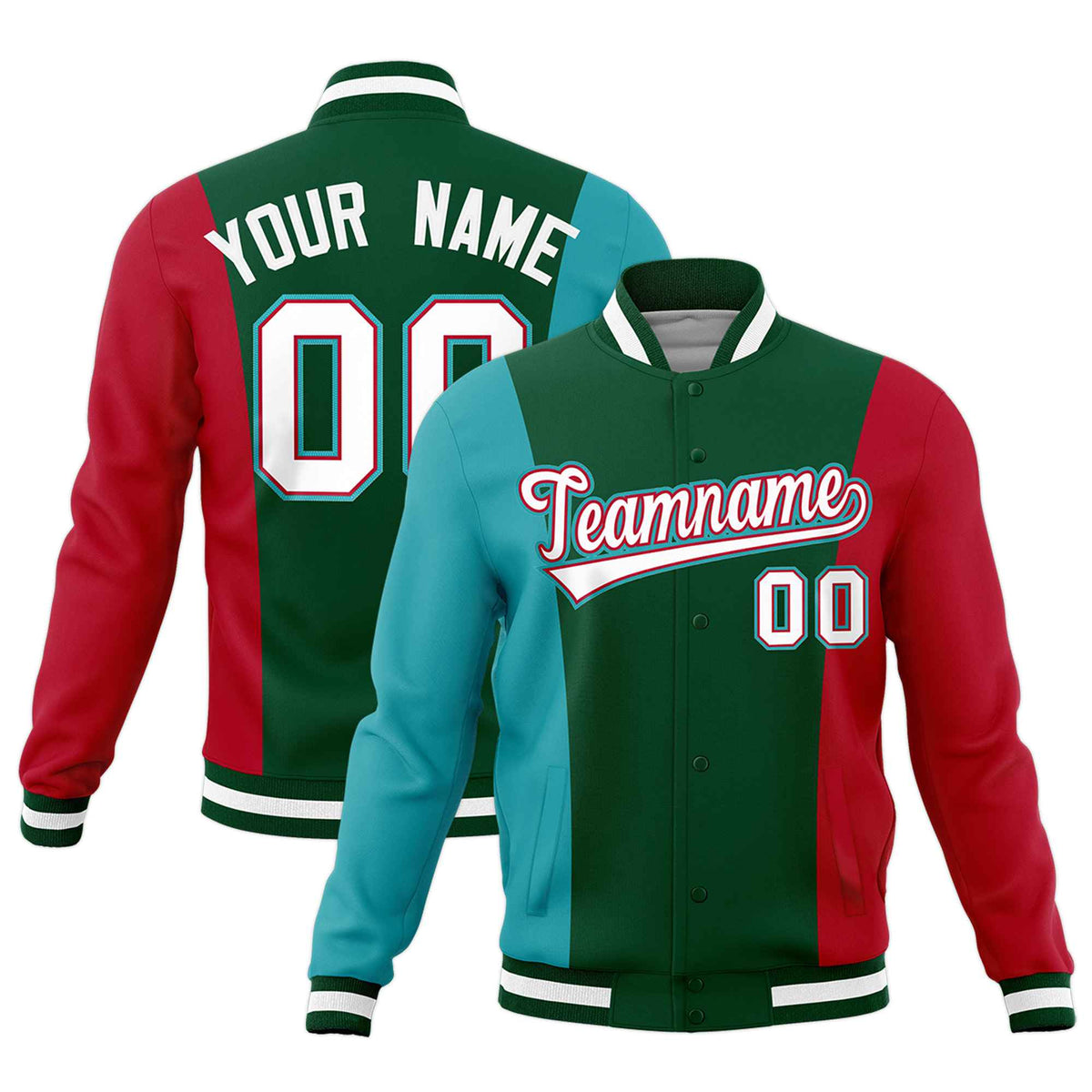 Custom Green Aqua Red Personalization Varsity Full-Snap Three Color Blocks Letterman Jacket| KXKSHOP