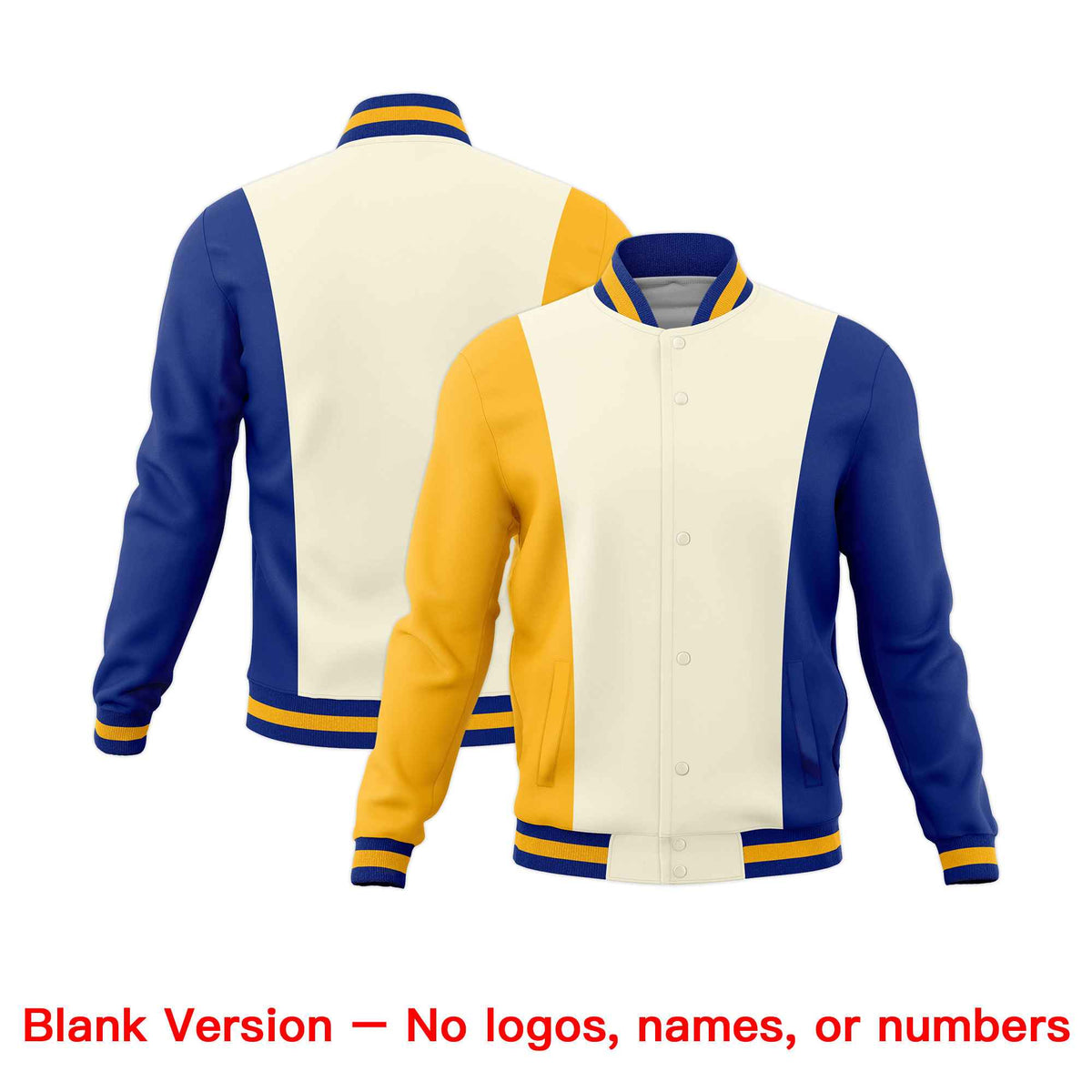 Custom Yellow Cream Royal Blue Personalization Varsity Full-Snap Three Color Blocks Letterman Jacket| KXKSHOP