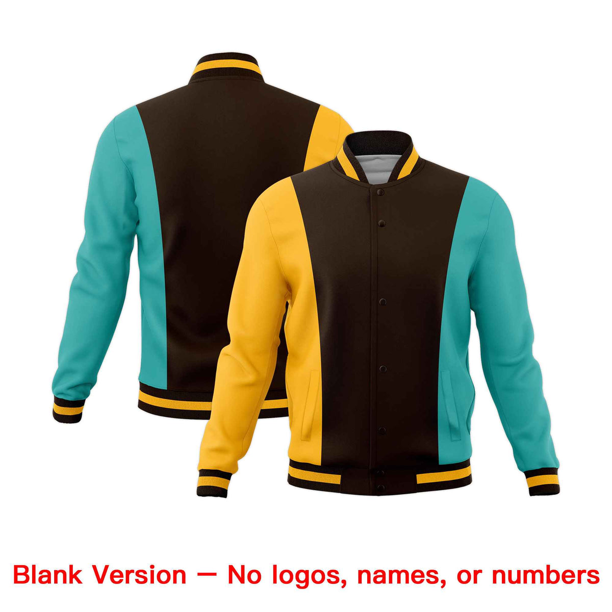 Custom Brown Yellow Teal Personalization Varsity Full-Snap Three Color Blocks Letterman Jacket| KXKSHOP