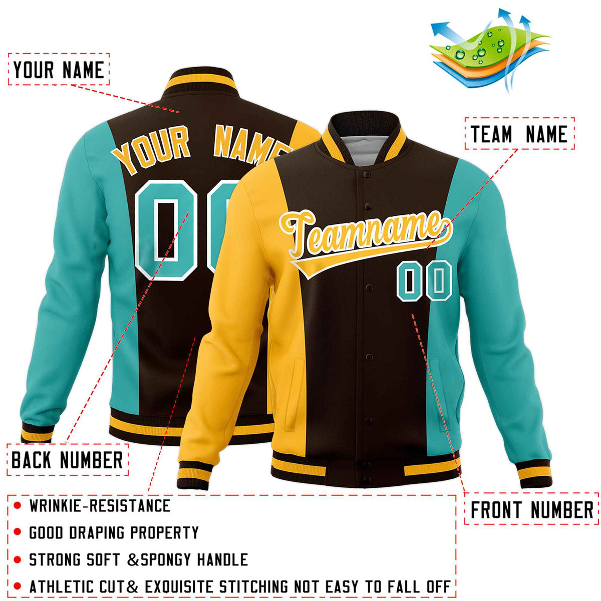 Custom Brown Yellow Teal Personalization Varsity Full-Snap Three Color Blocks Letterman Jacket| KXKSHOP
