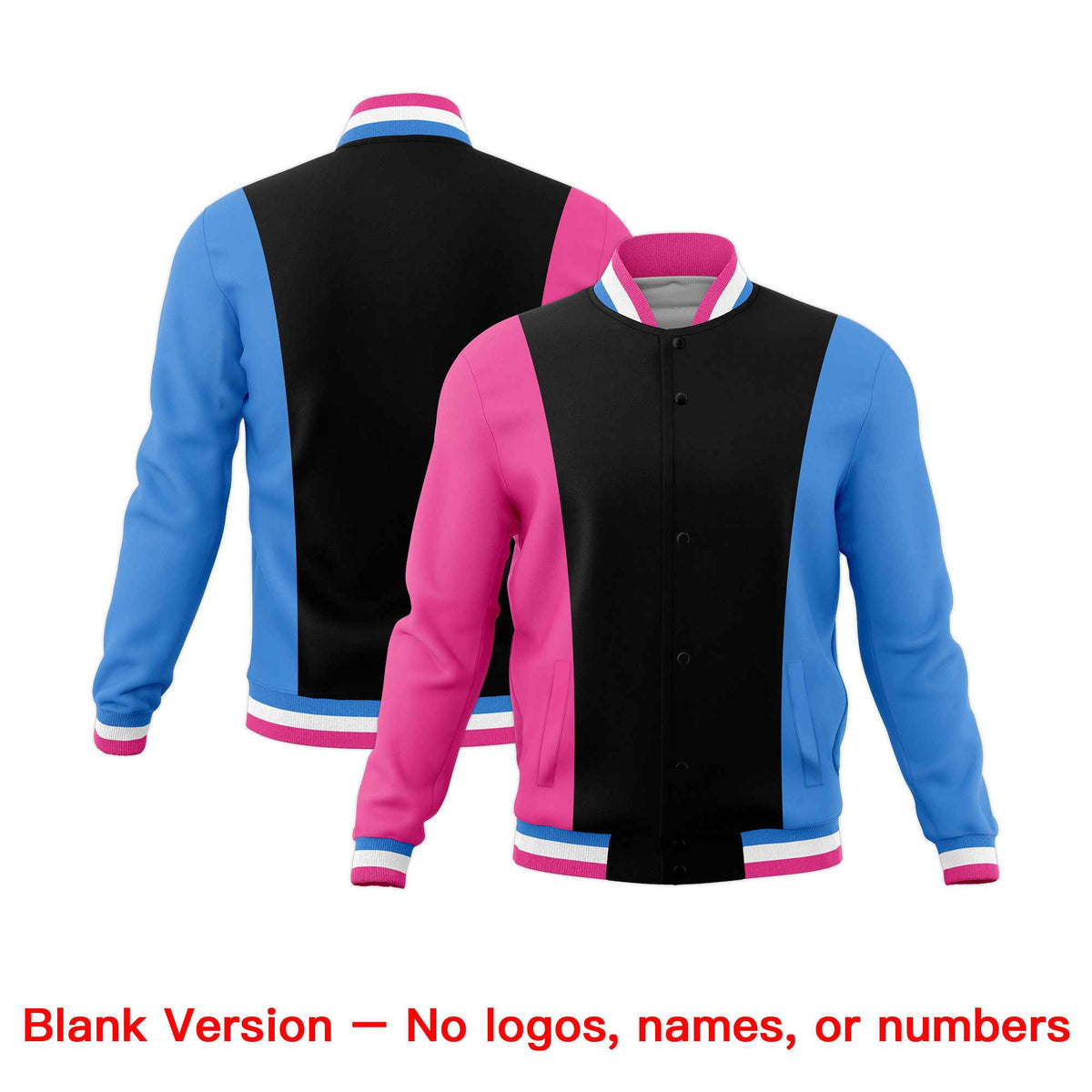 Custom Black Pink Powder Blue Personalization Varsity Full-Snap Three Color Blocks Letterman Jacket| KXKSHOP
