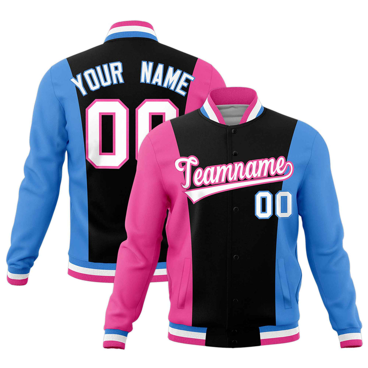 Custom Black Pink Powder Blue Personalization Varsity Full-Snap Three Color Blocks Letterman Jacket| KXKSHOP