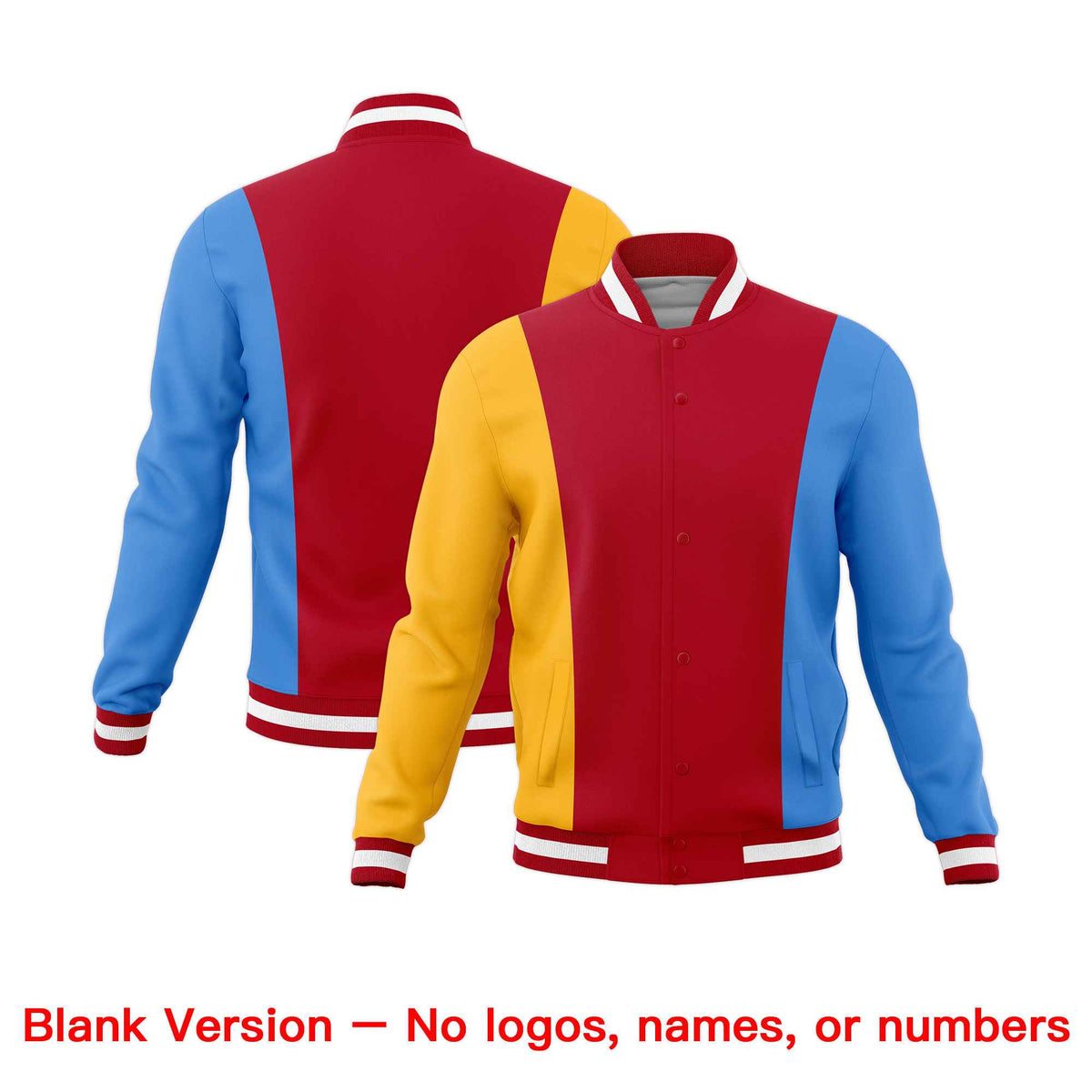 Custom Red Yellow Powder Blue Personalization Varsity Full-Snap Three Color Blocks Letterman Jacket| KXKSHOP