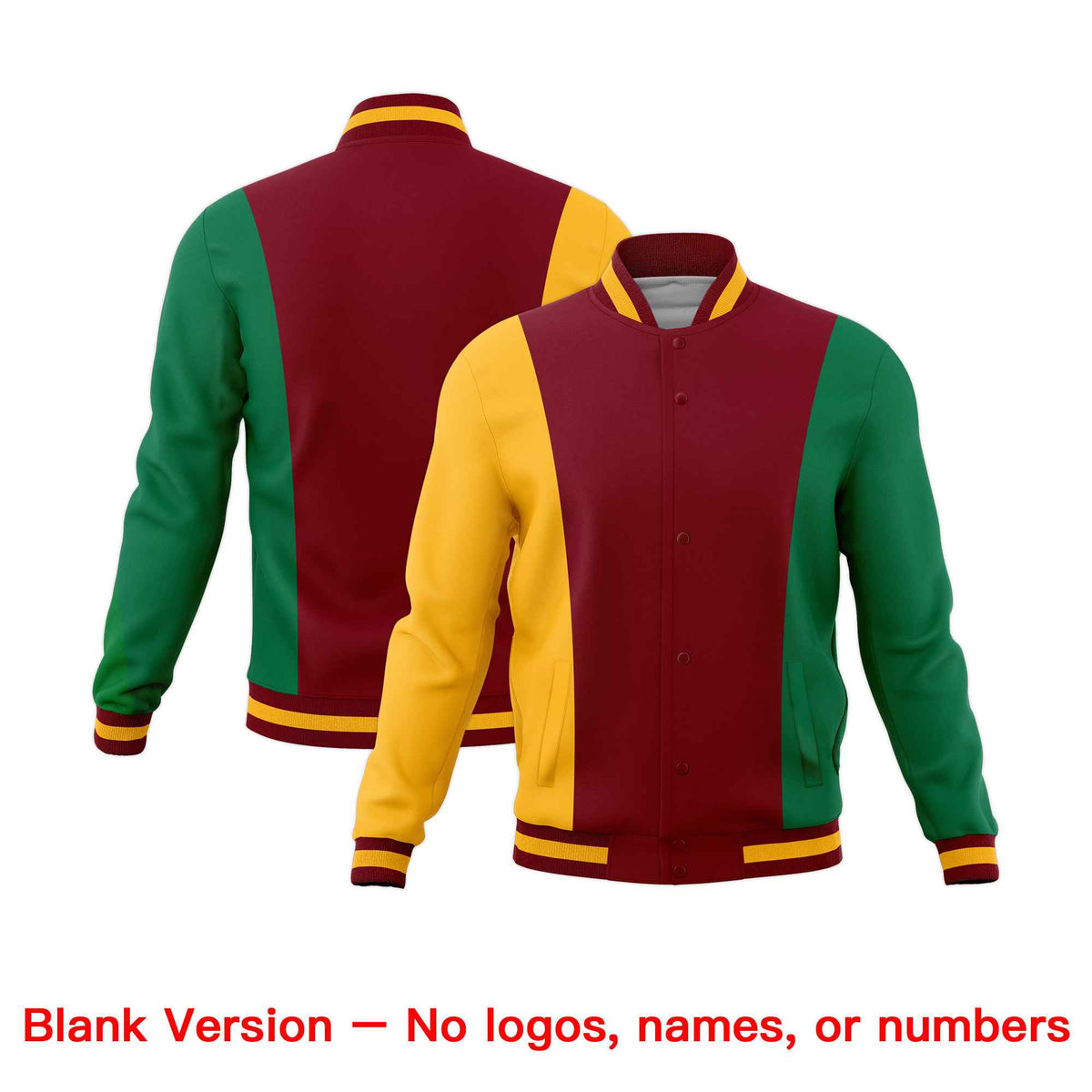 Custom Crimson Yellow Kelly Green Personalization Varsity Full-Snap Three Color Blocks Letterman Jacket| KXKSHOP