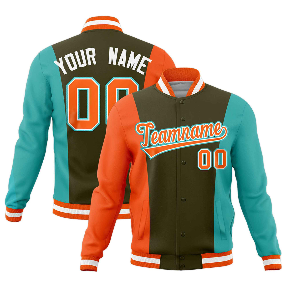 Custom Olive Orange Teal Personalization Varsity Full-Snap Three Color Blocks Letterman Jacket| KXKSHOP