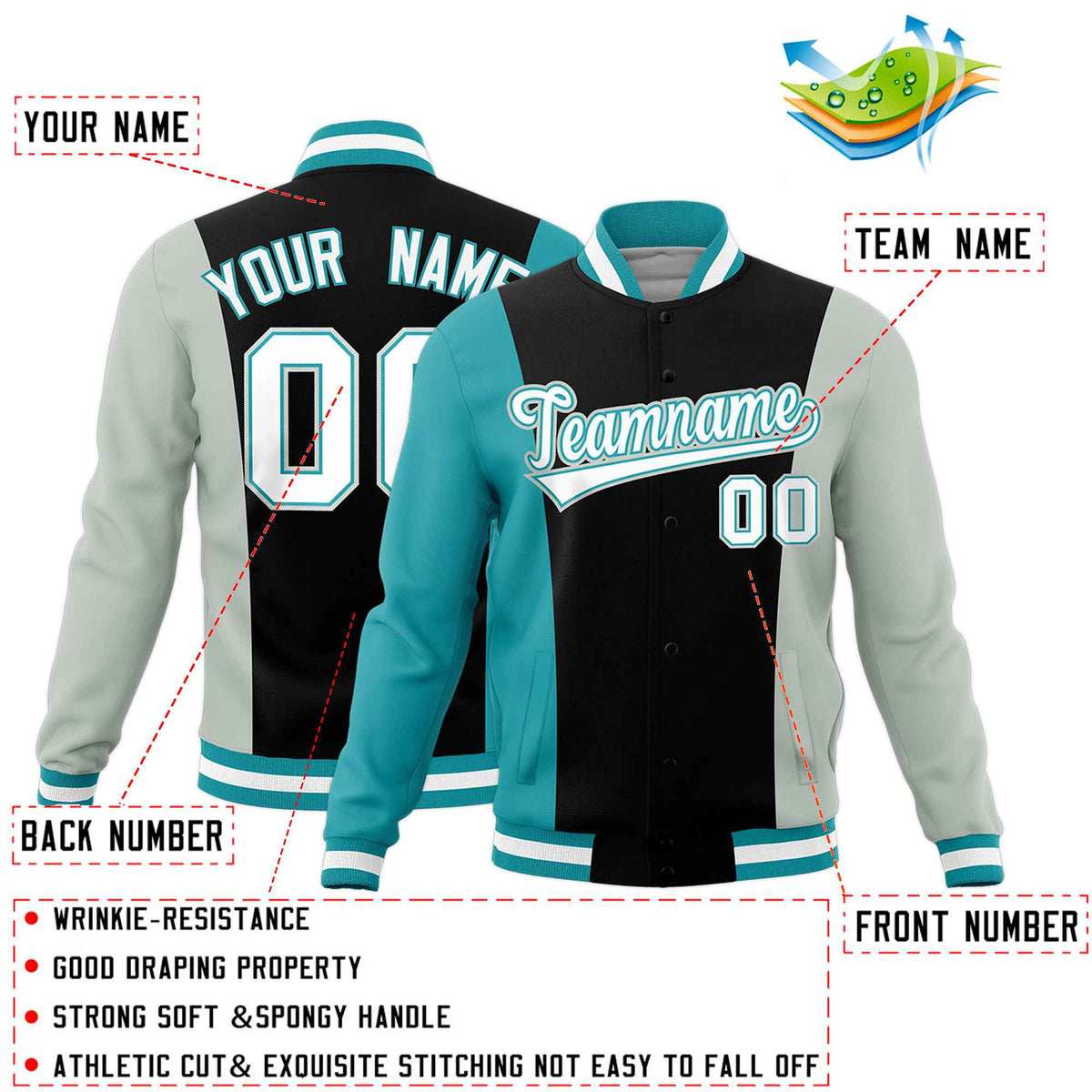 Custom Black Gray Aqua Personalization Varsity Full-Snap Three Color Blocks Letterman Jacket| KXKSHOP