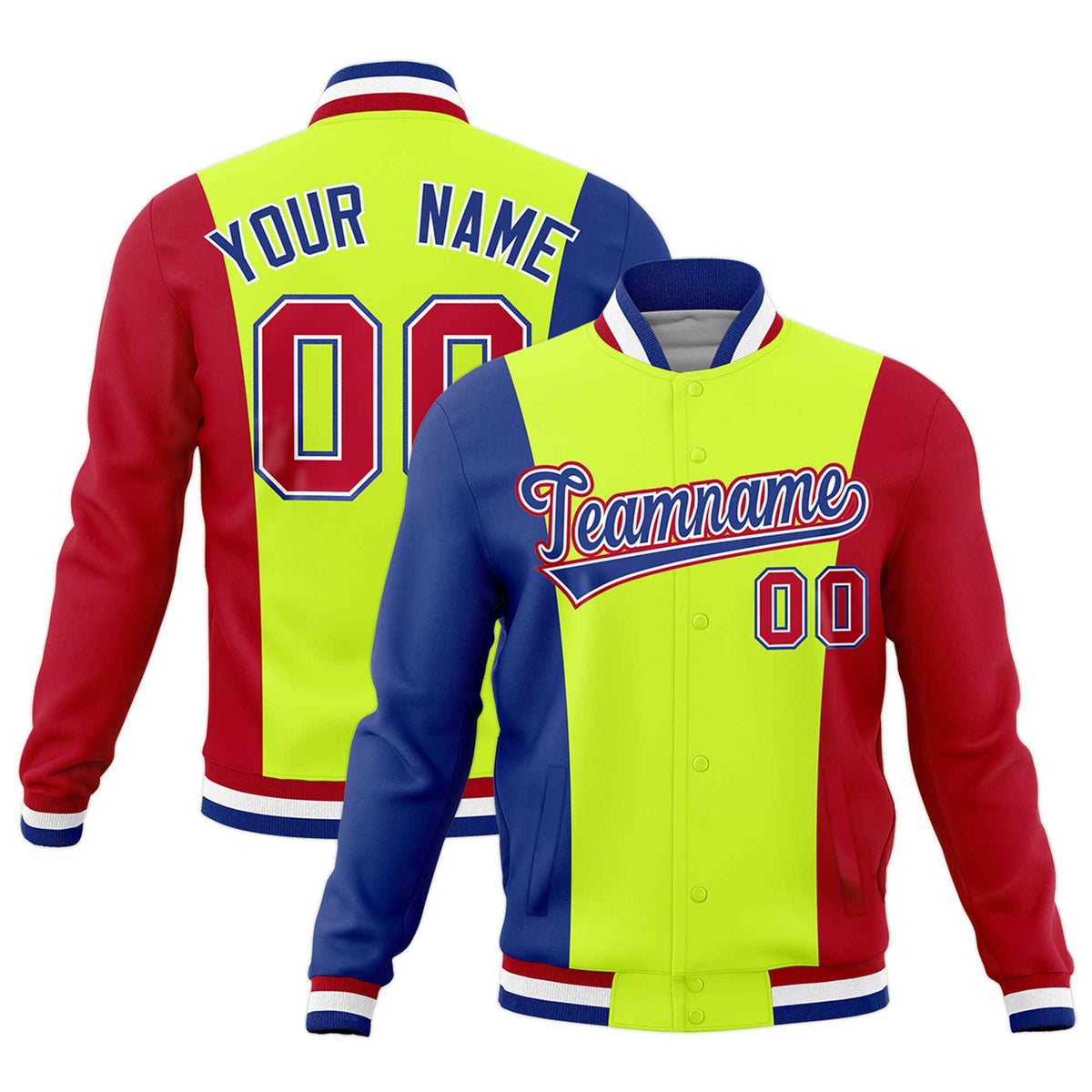 Custom Fluorescent Green Royal Blue Red Personalization Varsity Full-Snap Three Color Blocks Letterman Jacket| KXKSHOP