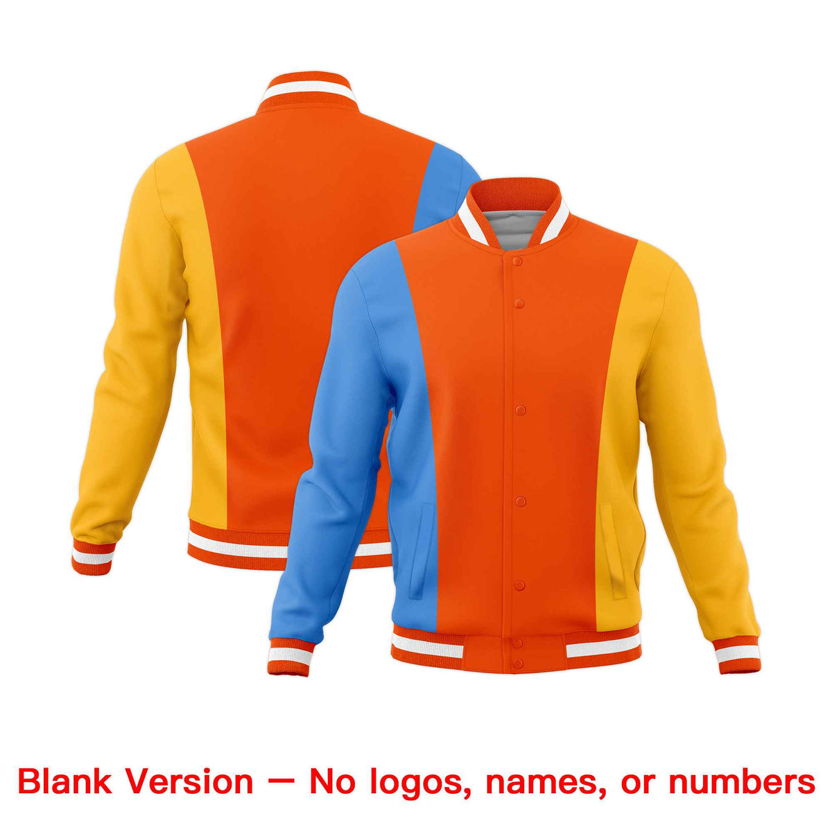Custom Powder Blue Orange Yellow Personalization Varsity Full-Snap Three Color Blocks Letterman Jacket| KXKSHOP