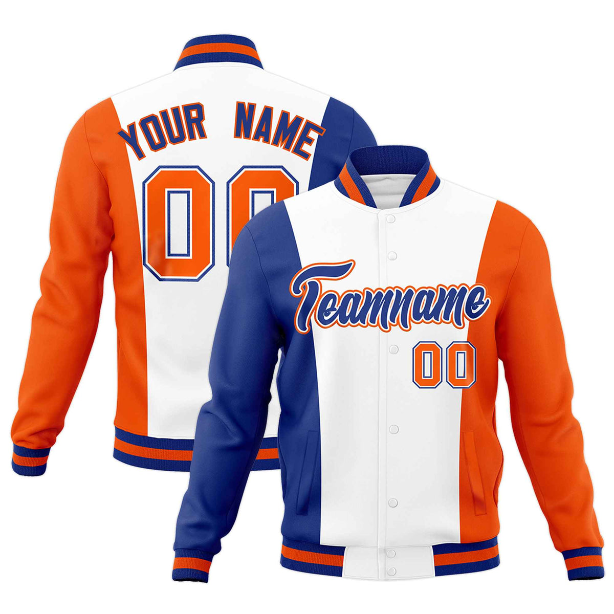 Custom White Royal Blue Orange Personalization Varsity Full-Snap Three Color Blocks Letterman Jacket