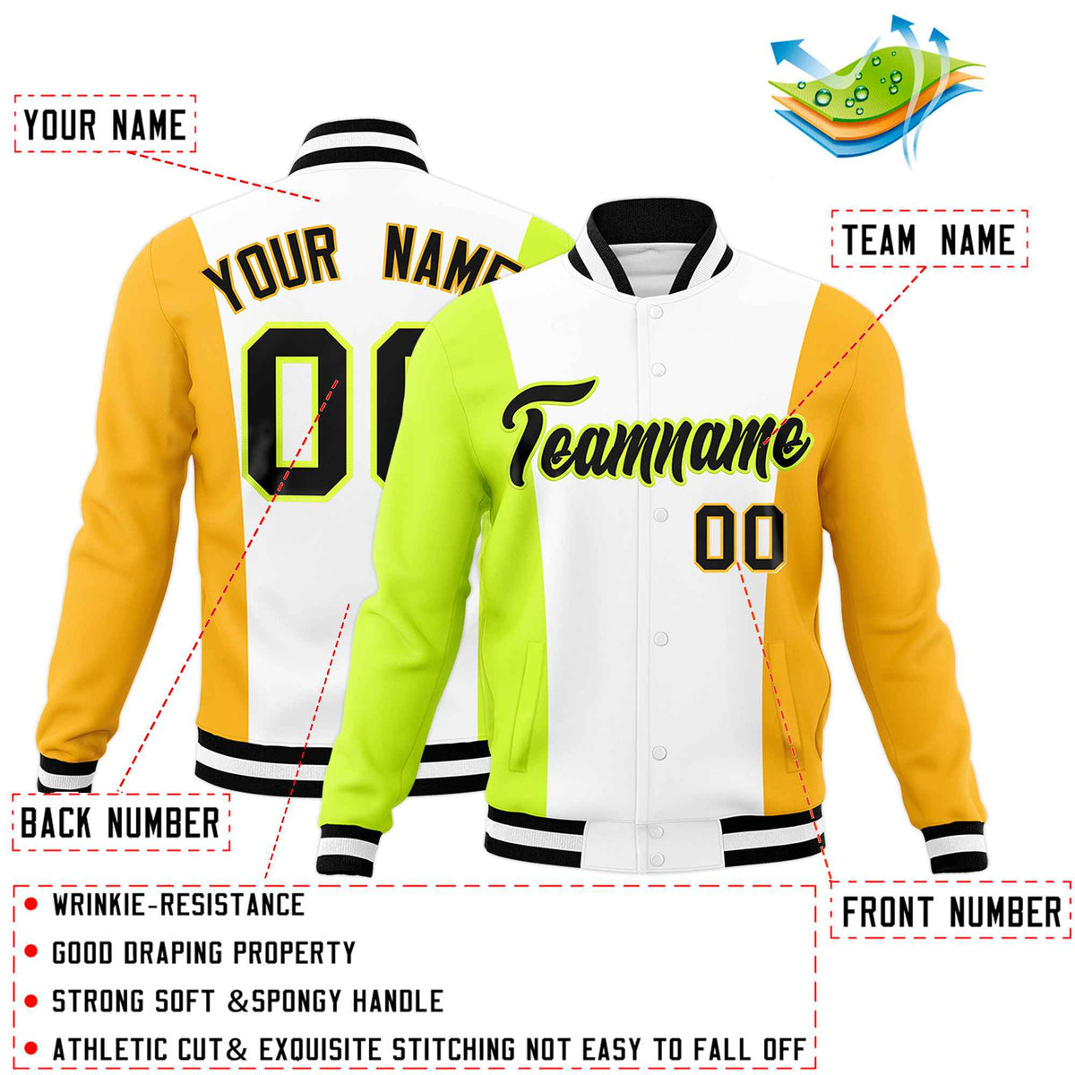 Custom White Fluorescent Green Yellow Personalization Varsity Full-Snap Three Color Blocks Letterman Jacket