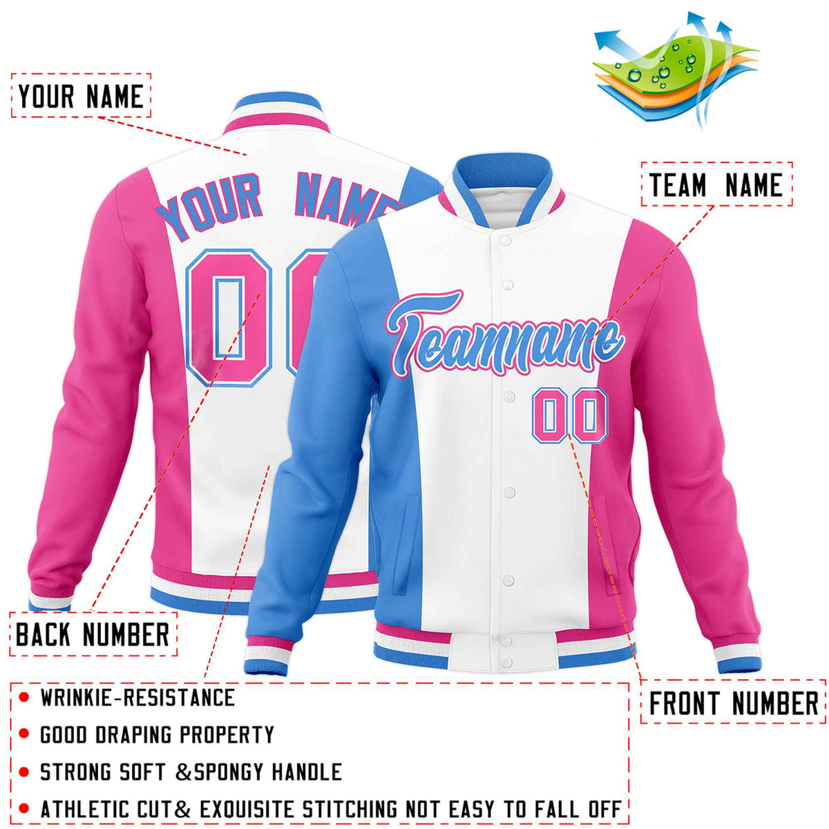Custom White Powder Blue Pink Personalization Varsity Full-Snap Three Color Blocks Letterman Jacket