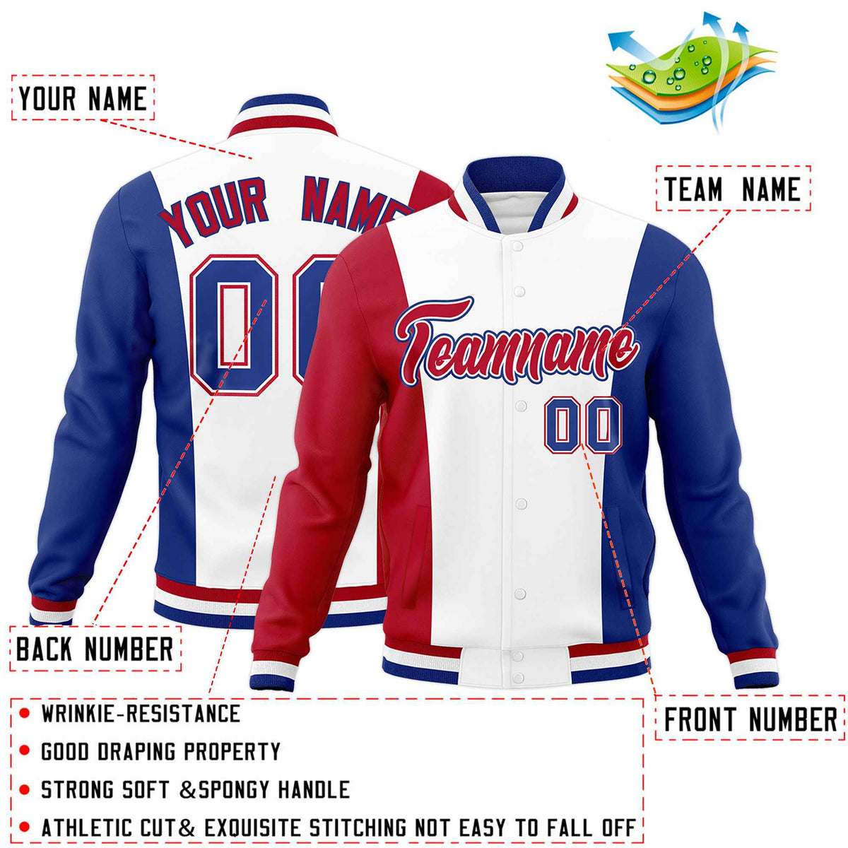 Custom White Red Royal Blue Personalization Varsity Full-Snap Three Color Blocks Letterman Jacket