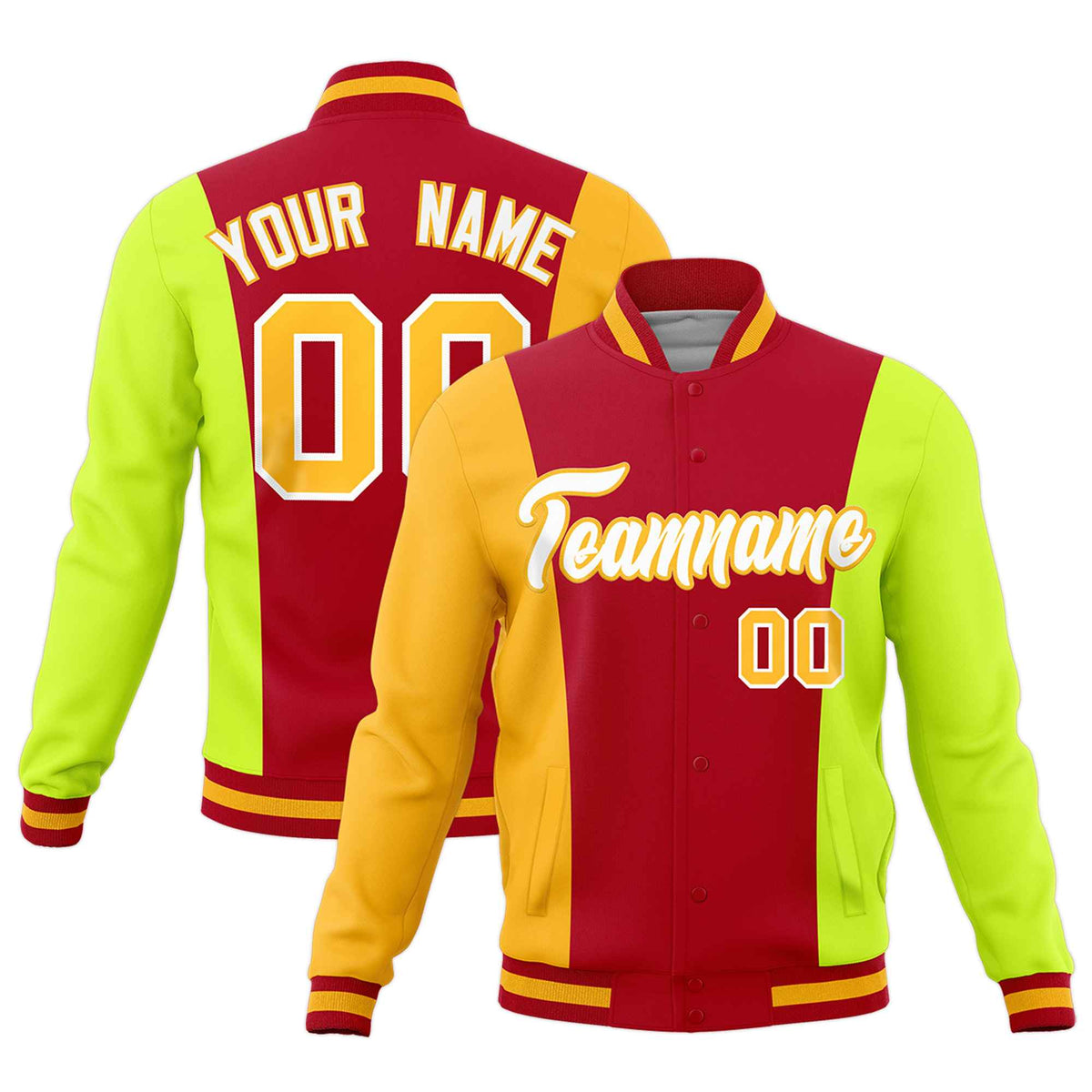 Custom Red Yellow Fluorescent Green Personalization Varsity Full-Snap Three Color Blocks Letterman Jacket