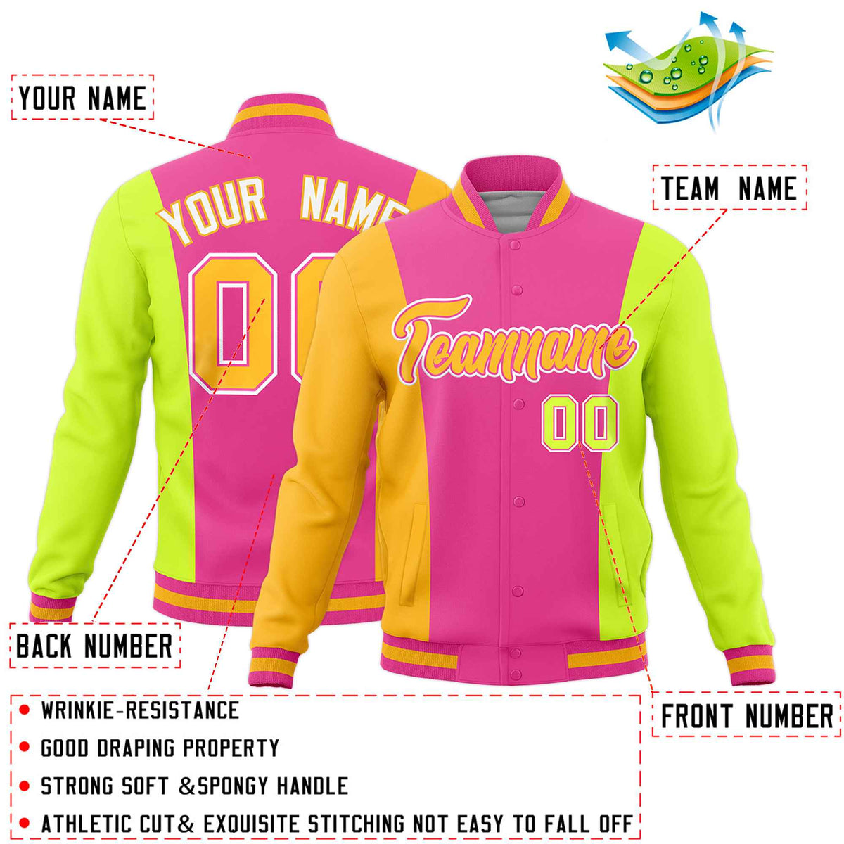 Custom Pink Yellow Fluorescent Green Personalization Varsity Full-Snap Three Color Blocks Letterman Jacket