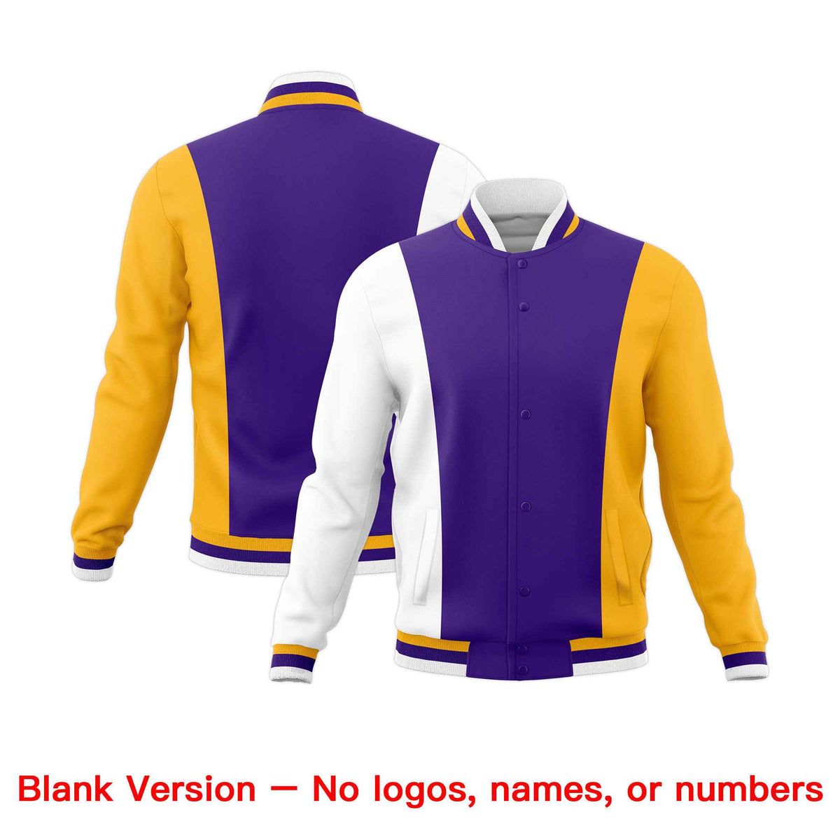 Custom Purple White Yellow Personalization Varsity Full-Snap Three Color Blocks Letterman Jacket
