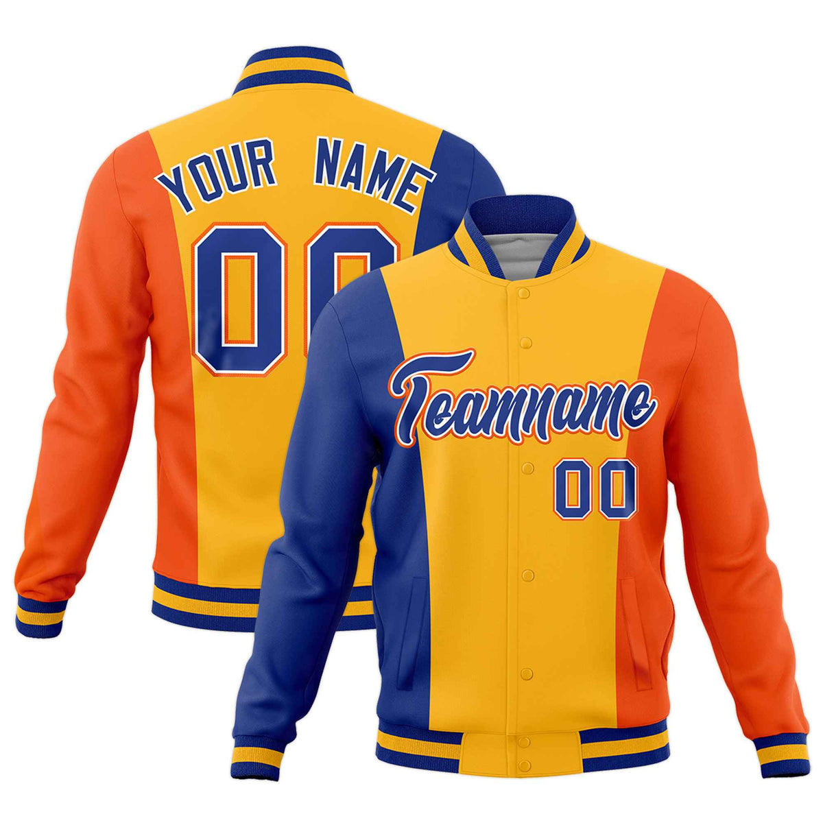 Custom Royal Blue Yellow Orange Personalization Varsity Full-Snap Three Color Blocks Letterman Jacket