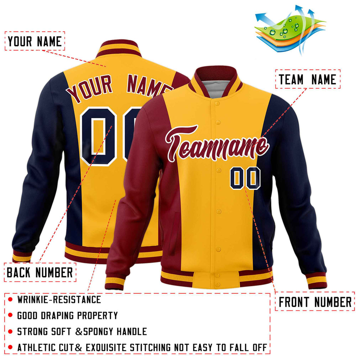 Custom Yellow Crimson Navy Personalization Varsity Full-Snap Three Color Blocks Letterman Jacket