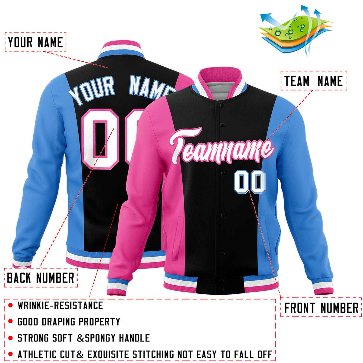 Custom Black Pink Powder Blue Personalization Varsity Full-Snap Three Color Blocks Letterman Jacket