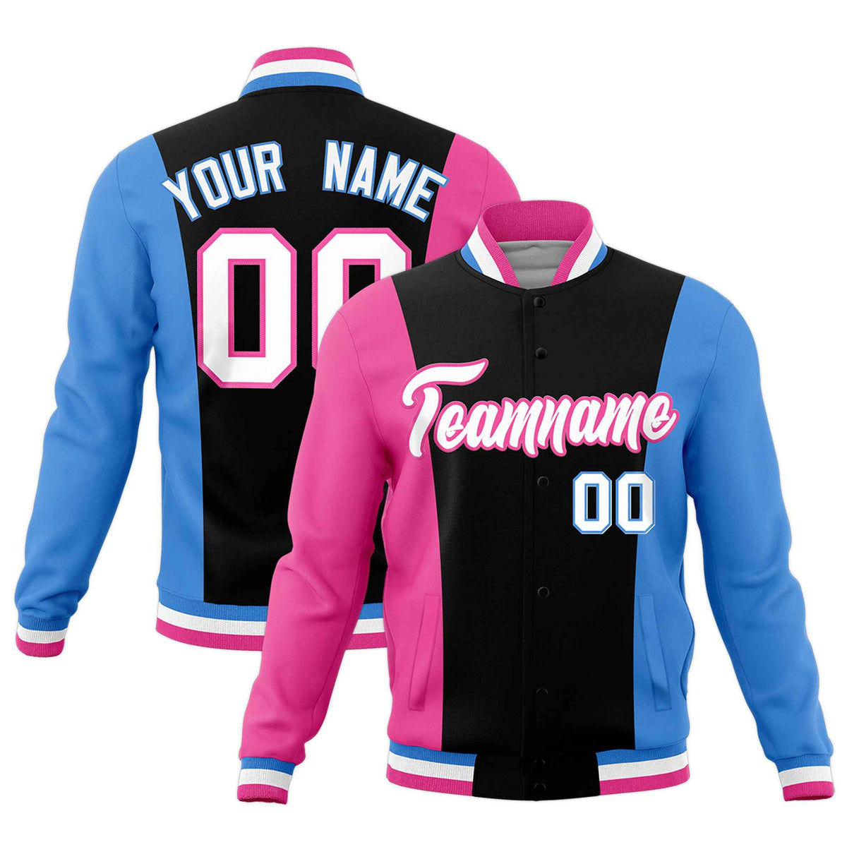 Custom Black Pink Powder Blue Personalization Varsity Full-Snap Three Color Blocks Letterman Jacket