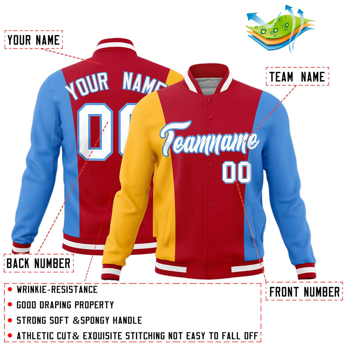 Custom Red Yellow Powder Blue Personalization Varsity Full-Snap Three Color Blocks Letterman Jacket