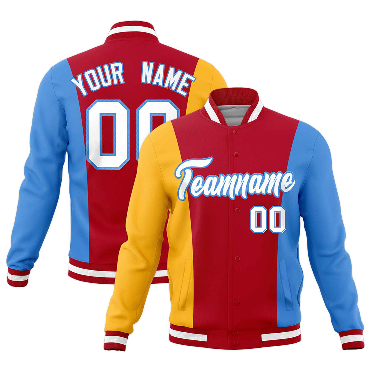 Custom Red Yellow Powder Blue Personalization Varsity Full-Snap Three Color Blocks Letterman Jacket