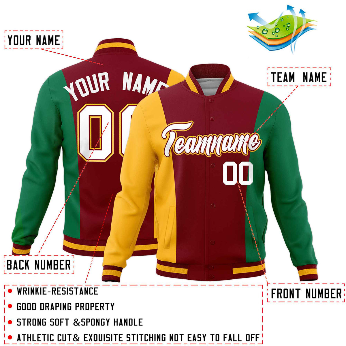 Custom Crimson Yellow Kelly Green Personalization Varsity Full-Snap Three Color Blocks Letterman Jacket