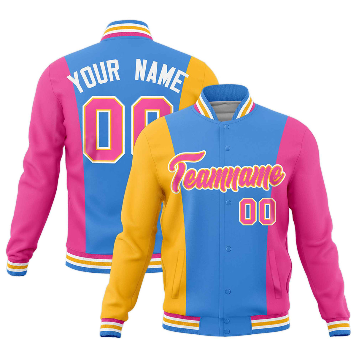 Custom Powder Blue Yellow Pink Personalization Varsity Full-Snap Three Color Blocks Letterman Jacket