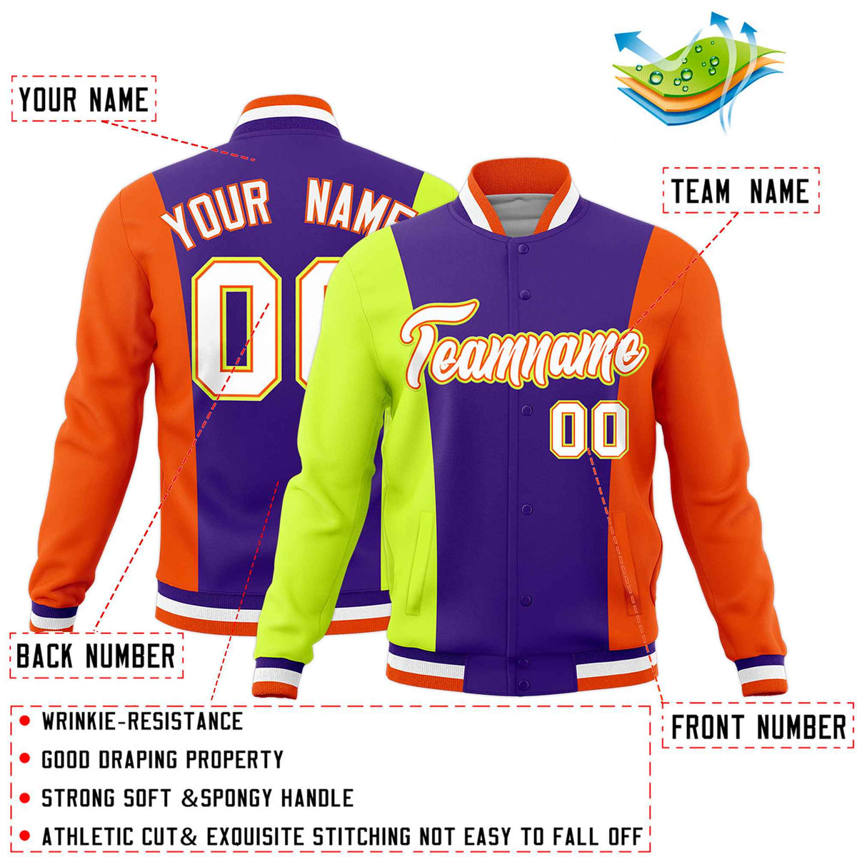 Custom Purple Fluorescent Green Yellow Personalization Varsity Full-Snap Three Color Blocks Letterman Jacket