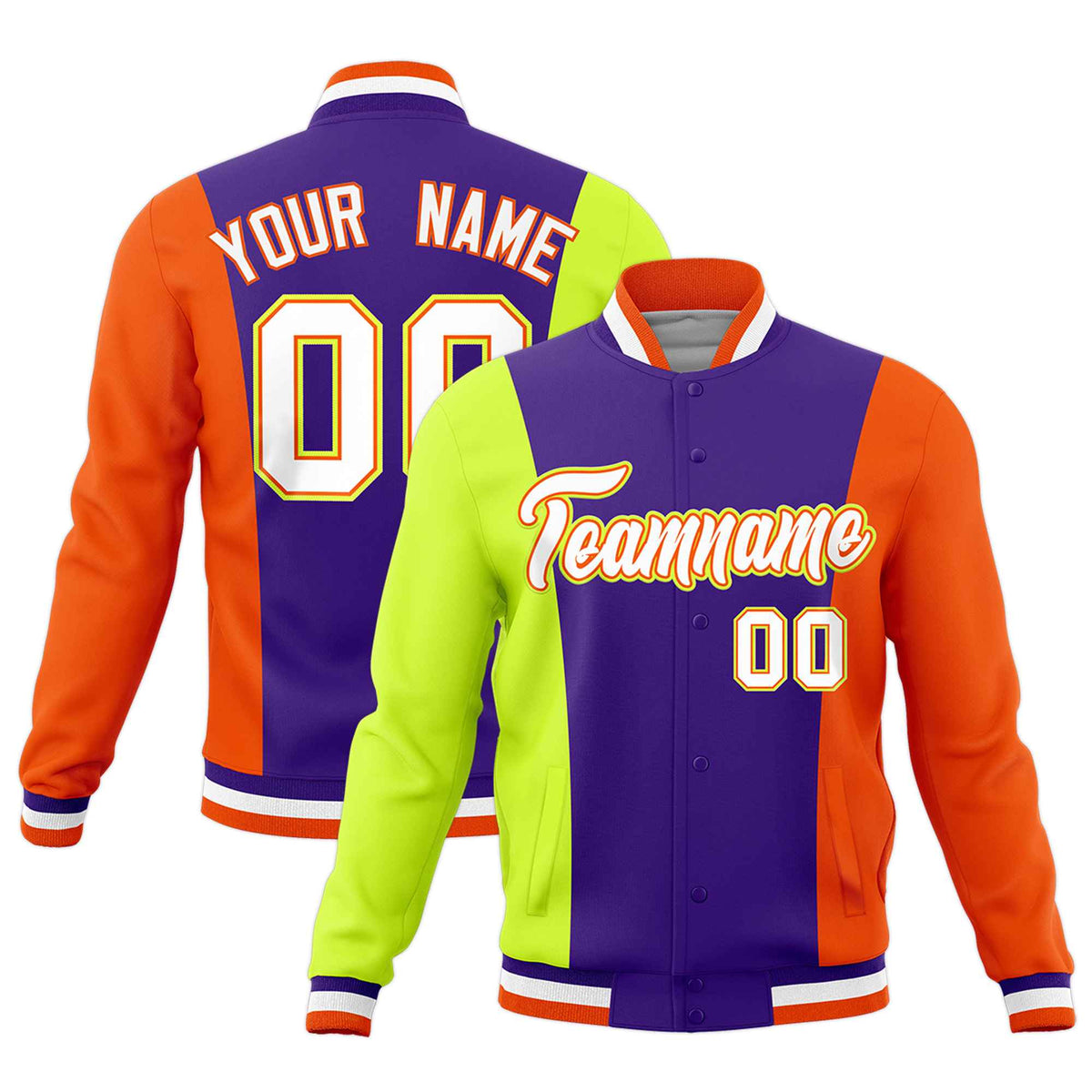 Custom Purple Fluorescent Green Yellow Personalization Varsity Full-Snap Three Color Blocks Letterman Jacket