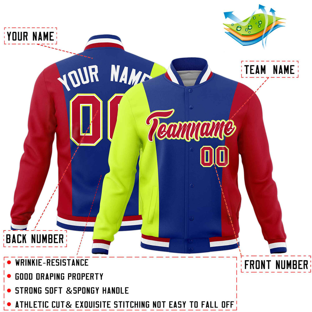 Custom Royal Blue Fluorescent Green Red Personalization Varsity Full-Snap Three Color Blocks Letterman Jacket