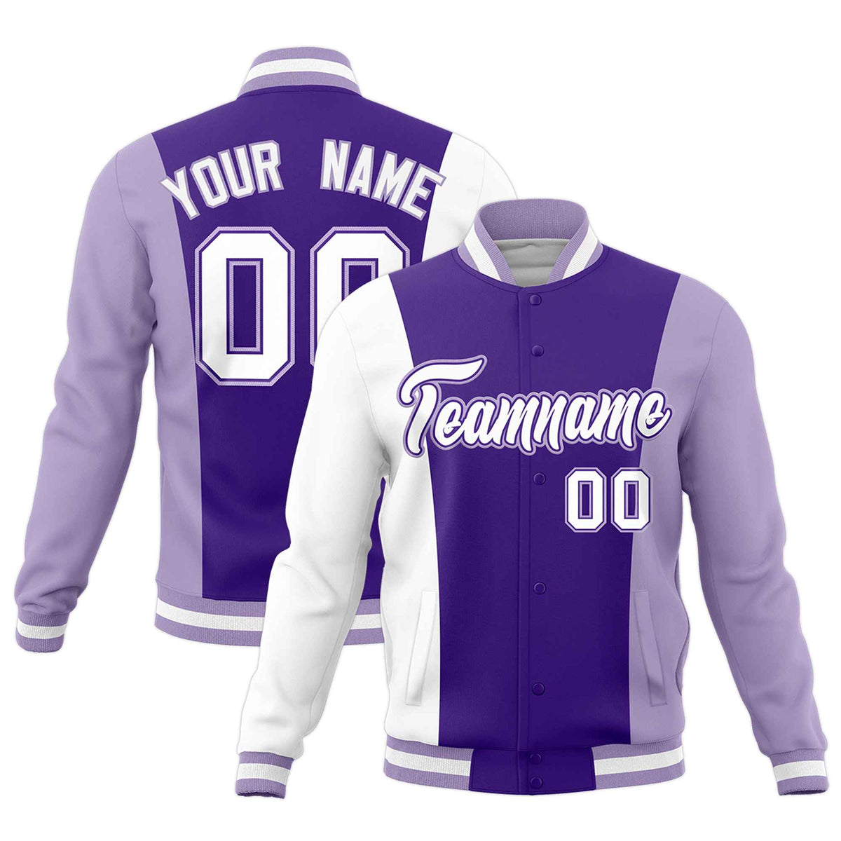 Custom Purple White Light Purple Personalization Varsity Full-Snap Three Color Blocks Letterman Jacket