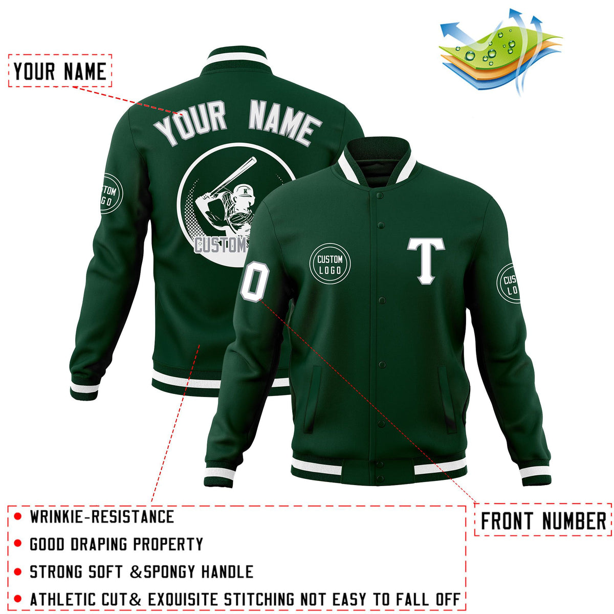 Custom Green Full-Snap Varsity Personalized Letterman Baseball Coats Jacket