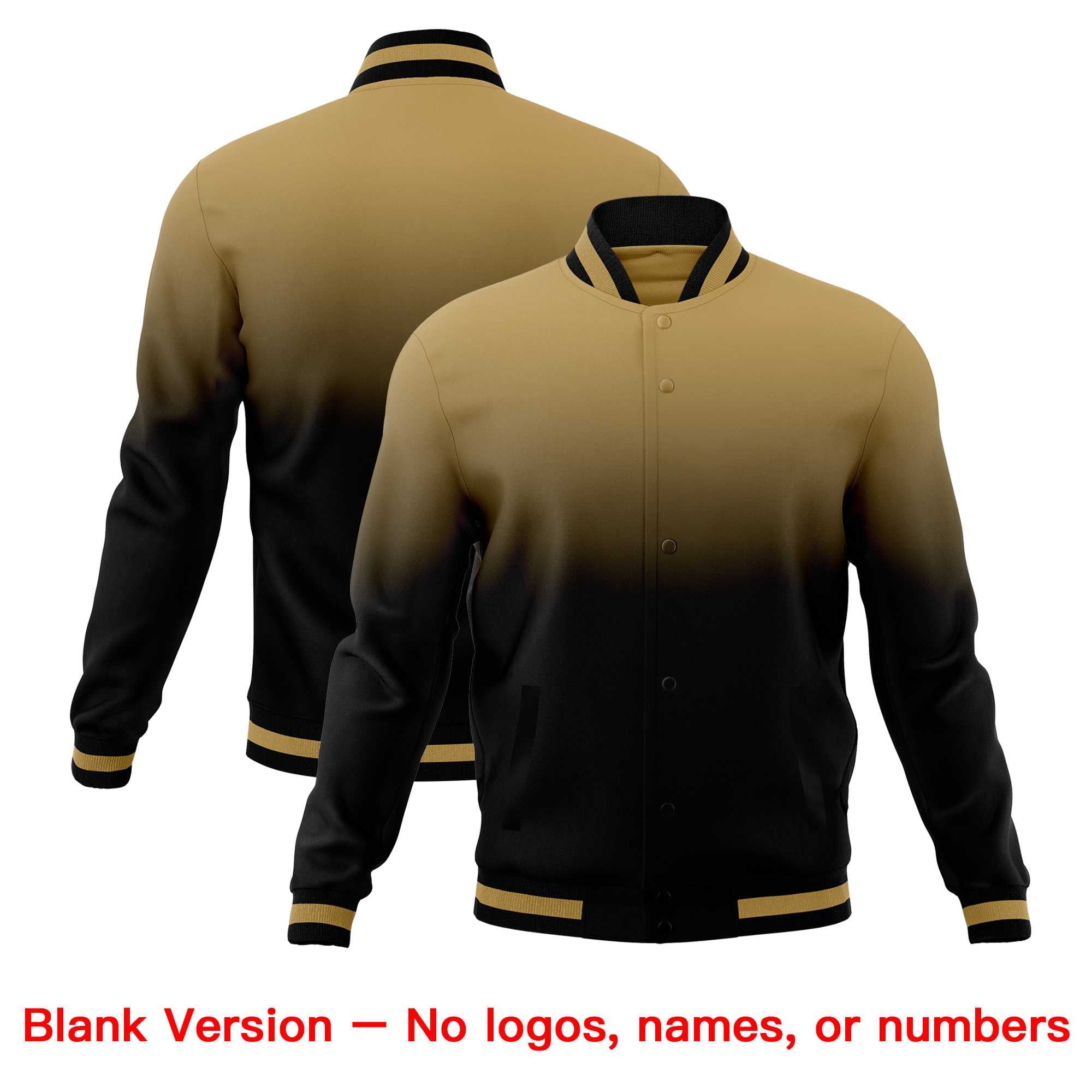 Custom Old Gold Black Full-Snap Varsity Personalization Gradient Fashion Letterman Jacket