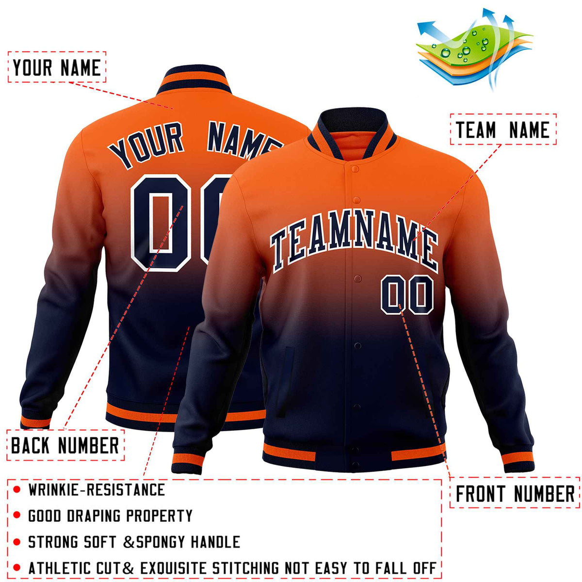 Custom Navy Orange Full-Snap Varsity Personalization Gradient Fashion Letterman Jacket